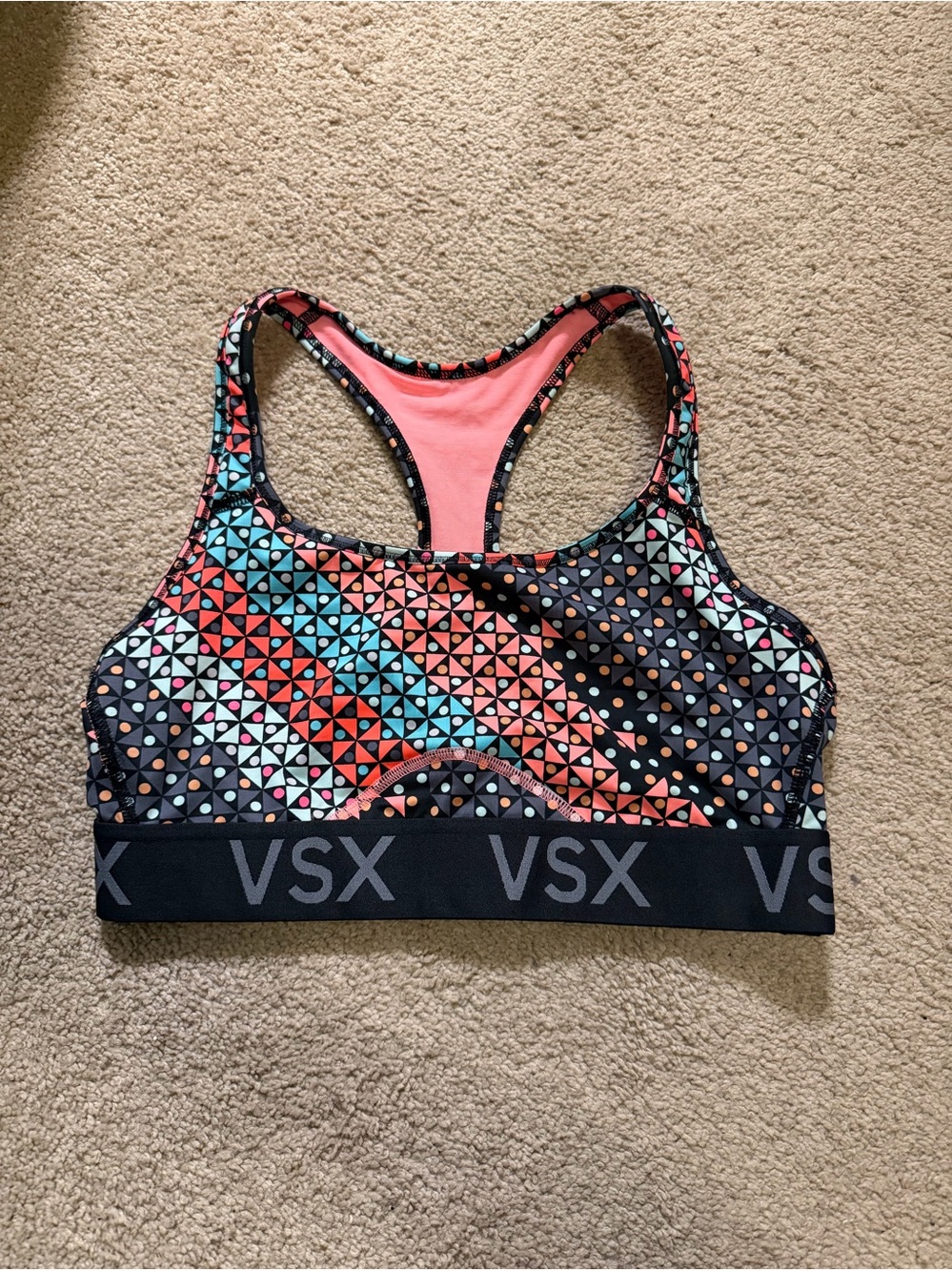 VSX Multicolor Geometric Racerback Sports Bra Coral & Teal Large